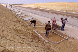 Image du Maroc Professionnelle de  Les ouvriers préparent le sol pour l’installation de risbermes sur une partie du tronçon de l'autoroute Sidi El Yamani Asilah. Lundi 1er Juillet 2002. (Photo / Abdeljalil Bounhar) 